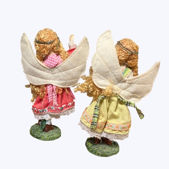 Decorative Angel Fairy Figurines Set With Gingham & Plaid Dresses Felt Wings - Picture 7 of 13